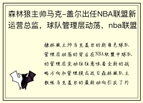 森林狼主帅马克-盖尔出任NBA联盟新运营总监，球队管理层动荡，nba联盟董事长是谁