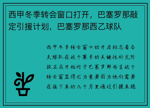 西甲冬季转会窗口打开，巴塞罗那敲定引援计划，巴塞罗那西乙球队