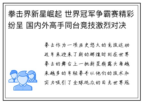 拳击界新星崛起 世界冠军争霸赛精彩纷呈 国内外高手同台竞技激烈对决